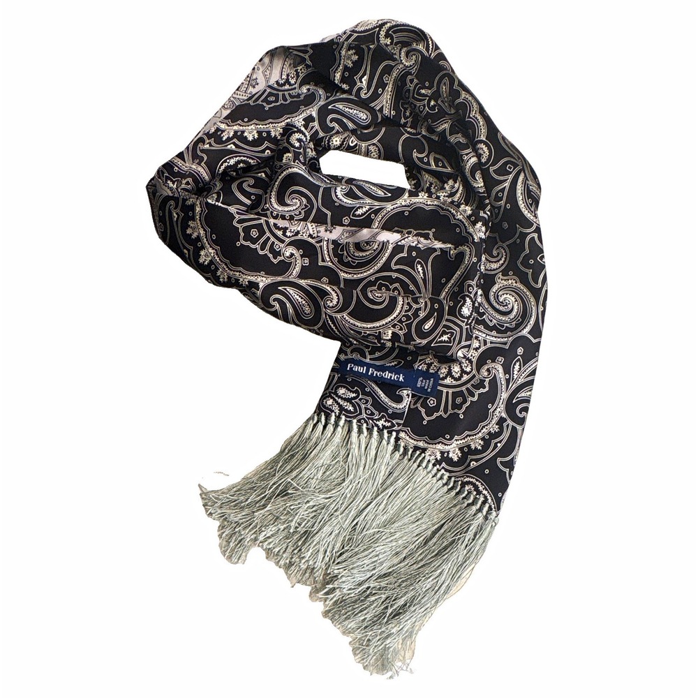 Paul Fredrick Men's Black/Gray Paisley Silk Scarf with Fringe